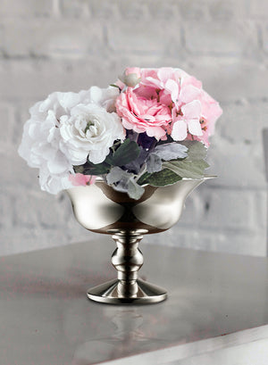 Polished Silver Floral Urn, 10" Diameter & 7.25" Tall