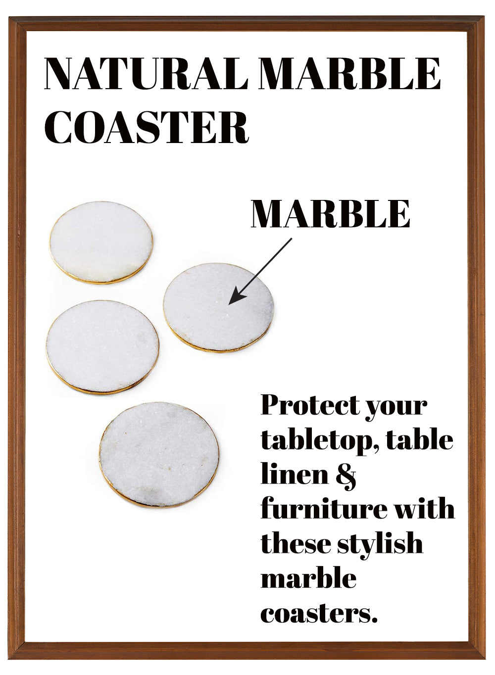 Natural Marble Coasters with Gold Edge, 4" Diameter, Set of 4