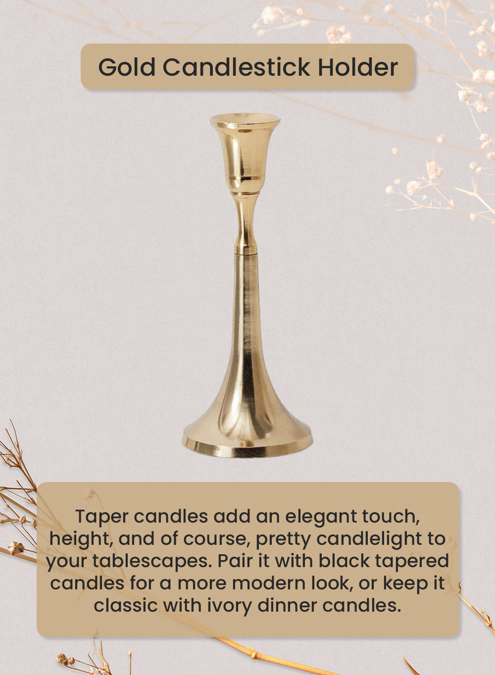 Gold Candlesticks for Taper Candles, in 3 Sizes