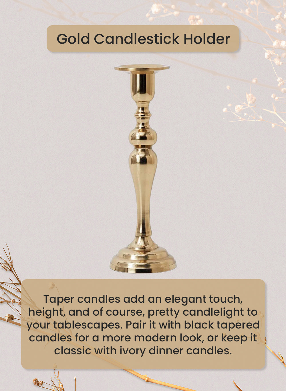 Gold Candlesticks for Taper Candles, in 3 Sizes