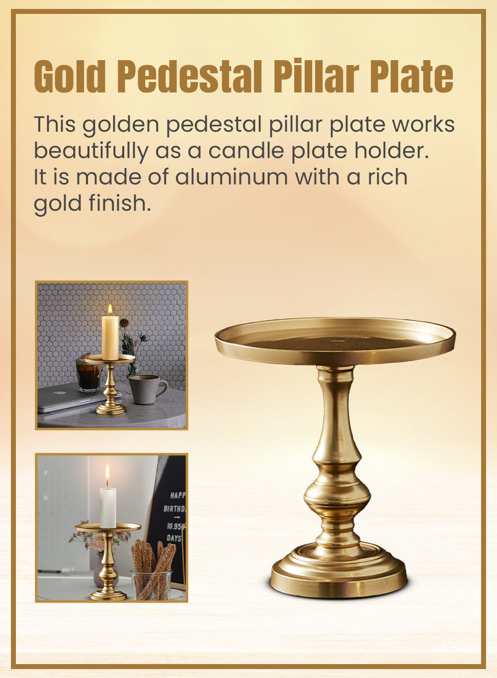 Gold Pedestal Platter, 9.5" Diameter & 10" Tall