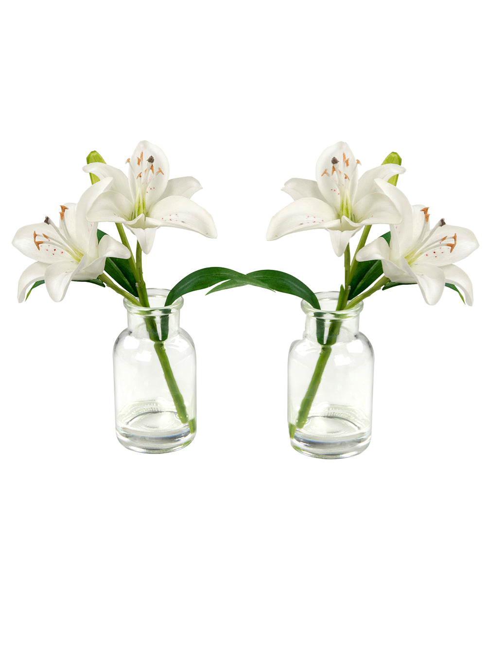 Faux White Lilies in Glass Bottle Vase, 2.5" Diameter & 10" Tall, Set of 2