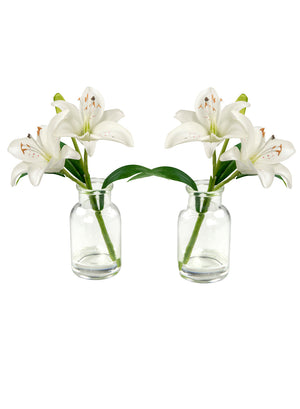 Faux White Lilies in Glass Bottle Vase, 2.5" Diameter & 10" Tall, Set of 2