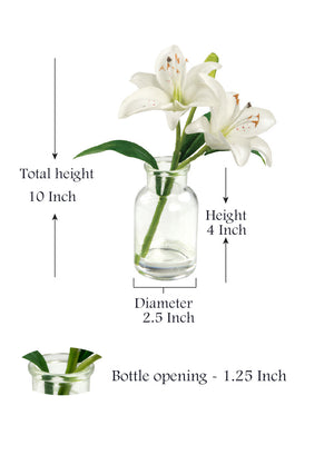 Faux White Lilies in Glass Bottle Vase, 2.5" Diameter & 10" Tall, Set of 2