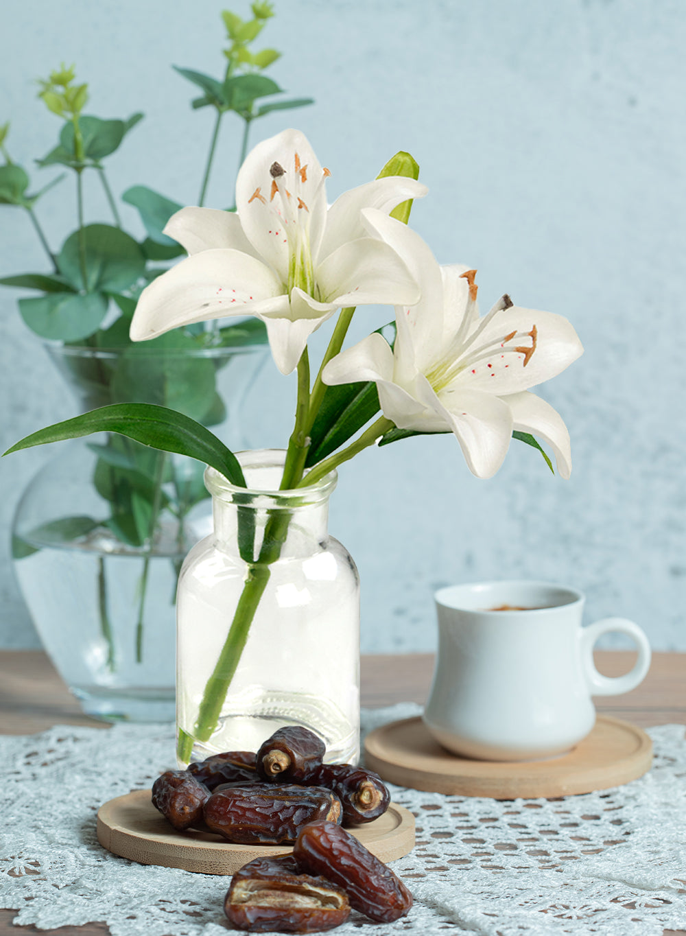 Faux White Lilies in Glass Bottle Vase, 2.5" Diameter & 10" Tall, Set of 2