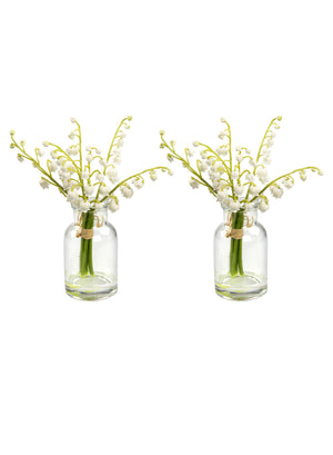 Faux Lily of the Valley in Glass Bottle Vase, 2.5" Diameter & 8" Tall, Set of 2
