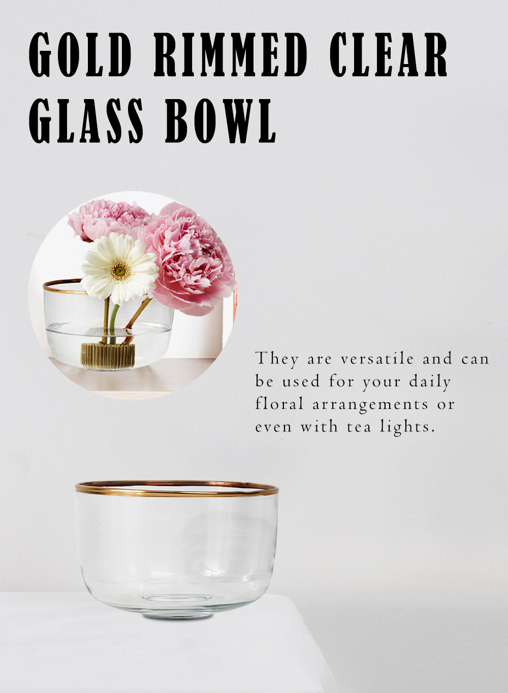 Gold Rimmed Clear Glass Bowl, in 2 Sizes