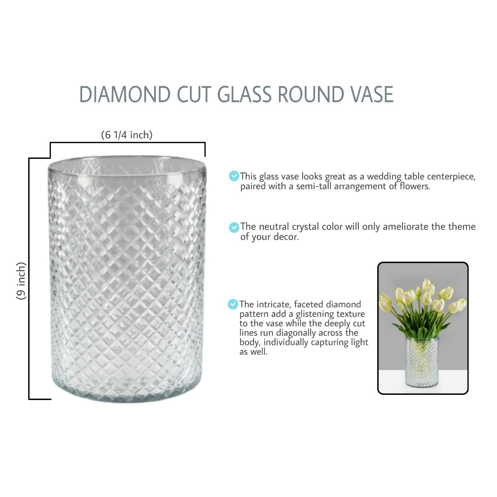 Serene Spaces Living Diamond Cut Glass Flowers Vase for Weddings, In 3 Shapes