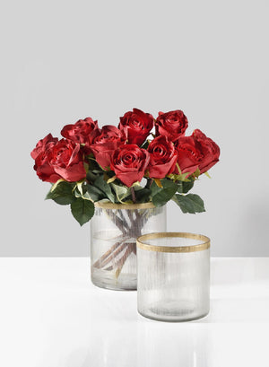 Ribbed Glass Cylinder Vase with Gold Rim, in 2 Sizes