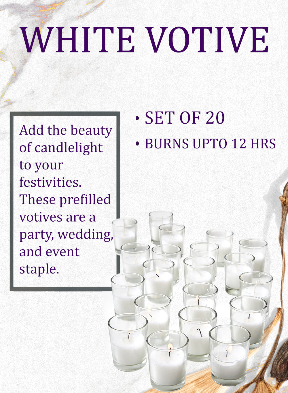 Serene Spaces Living Set of 20 Prefilled White Votives, 2" Diameter & 2.5" Tall