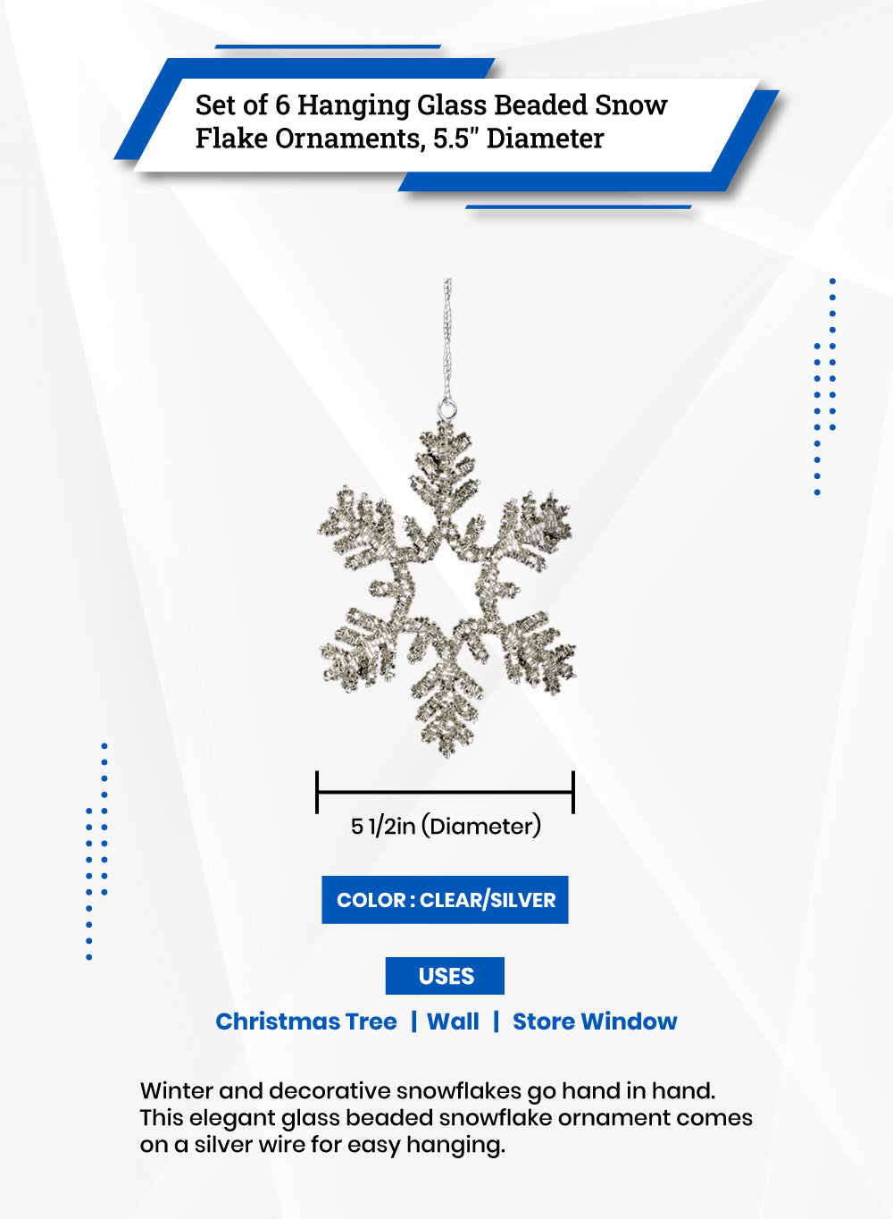 5.5" Glass Beaded Snow Flake Ornaments, Set of 6