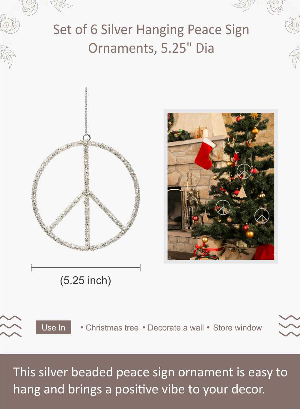 5" Silver Peace Sign Ornament, Set of 6