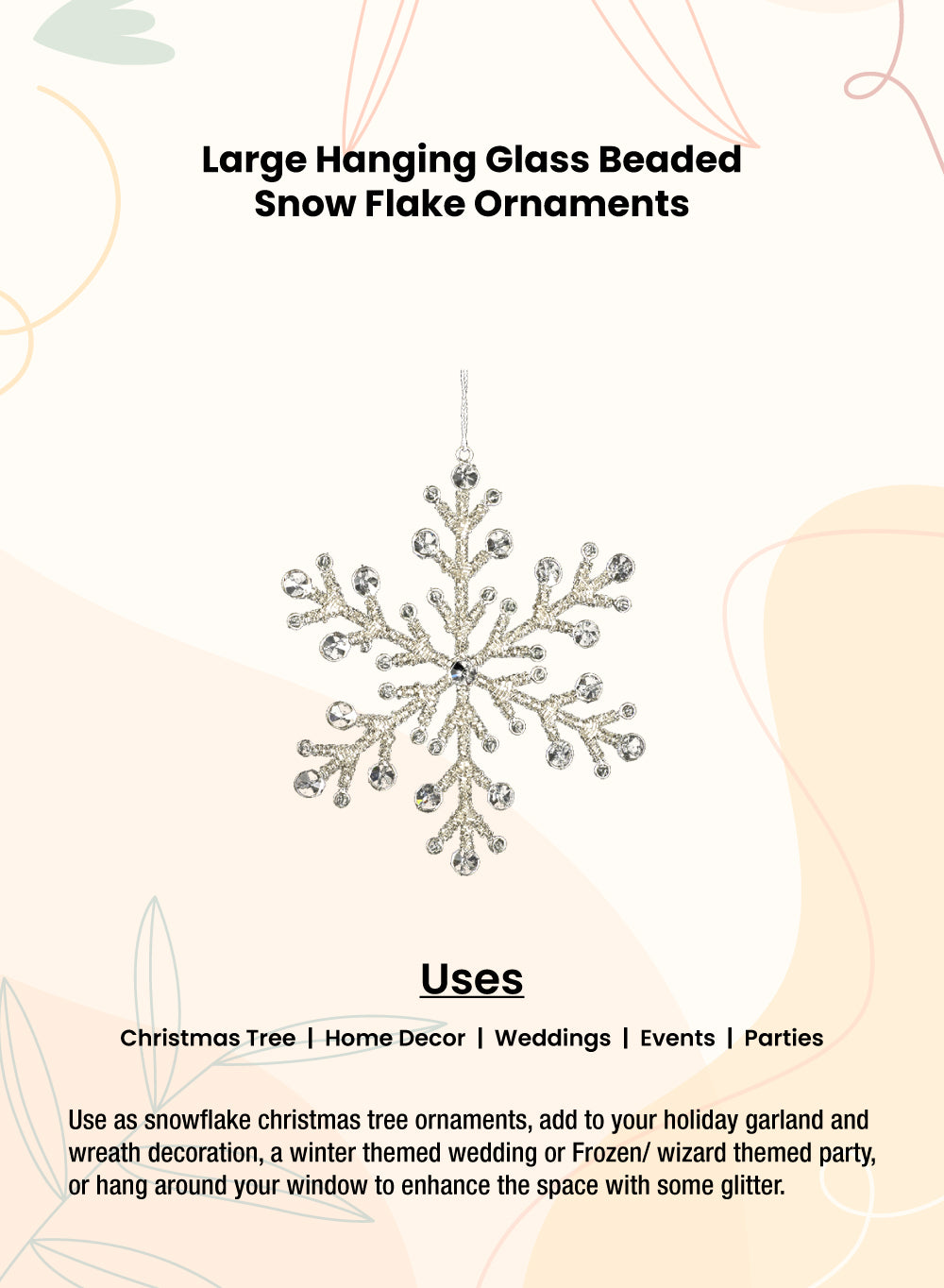 9" Glass Bead Snow Flake Ornament, Set of 6