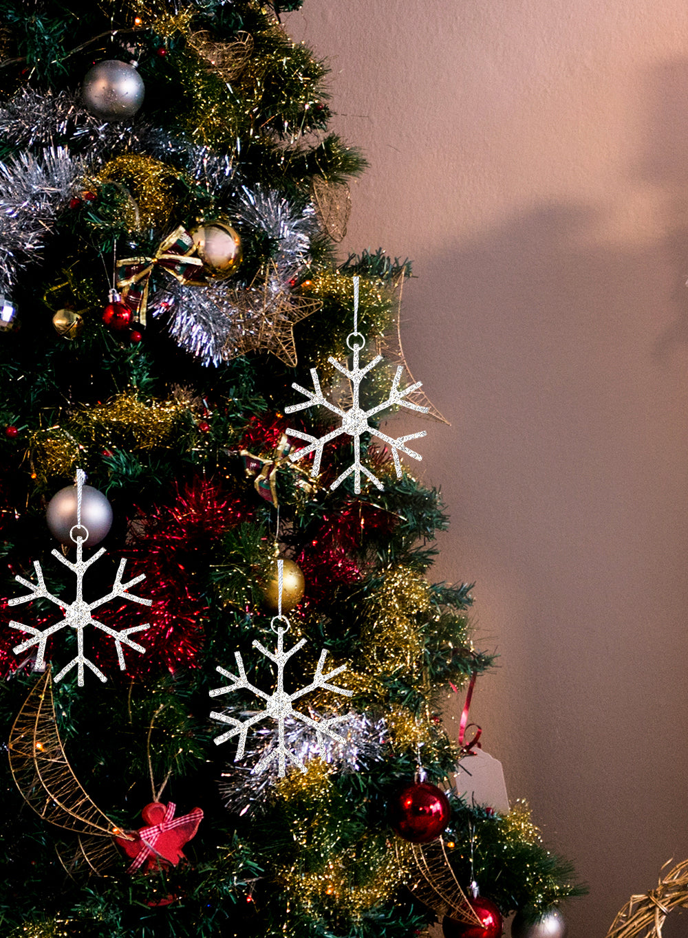 3" Silver Rhinestone Snow Flake Ornament, Set of 6