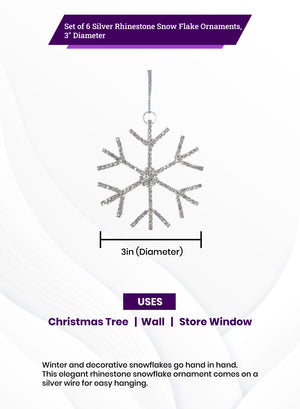 3" Silver Rhinestone Snow Flake Ornament, Set of 6