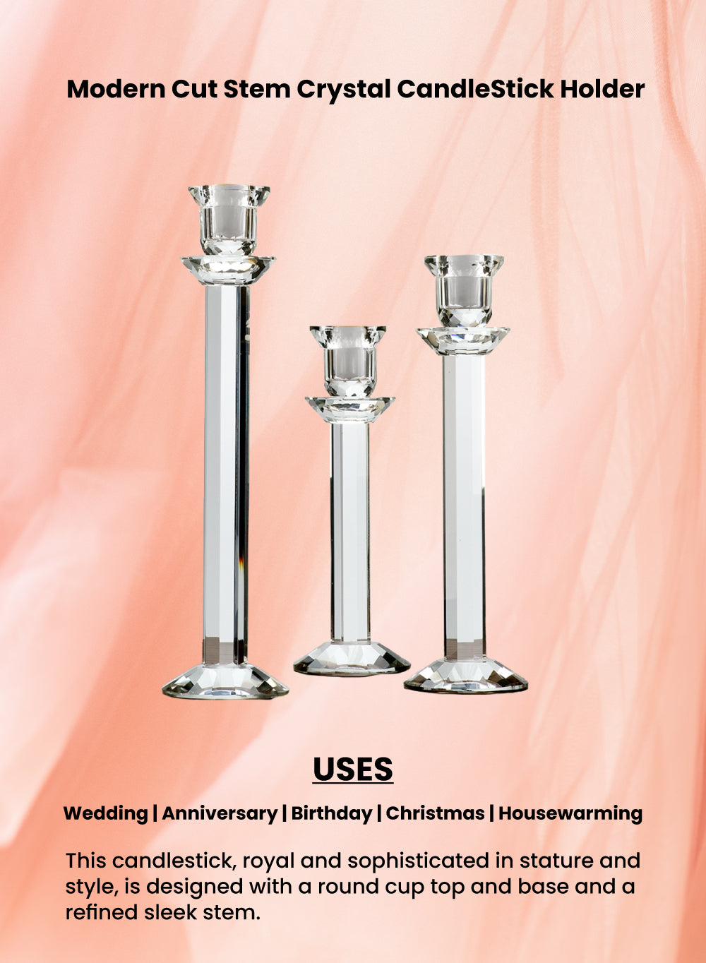 Serene Spaces Living Modern Cut Crystal Candle Stick Holders, Crystal Decor, 5 Sizes