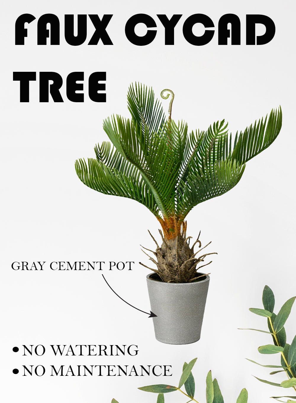 Faux Cycad Tree in Cement Pot, 12" Diameter & 17" Tall