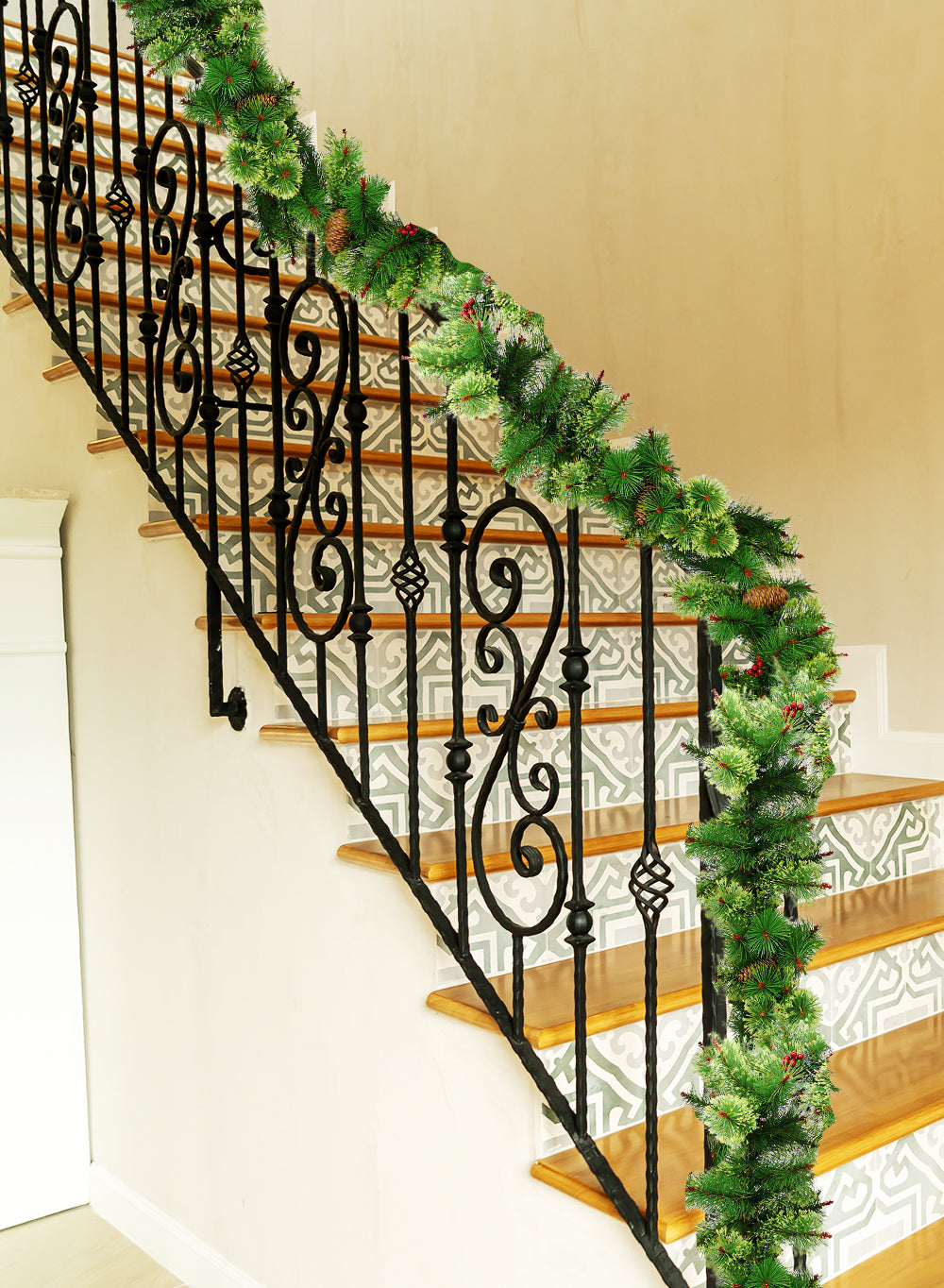 9ft Faux Pine Garland with Red Berries & Pinecones