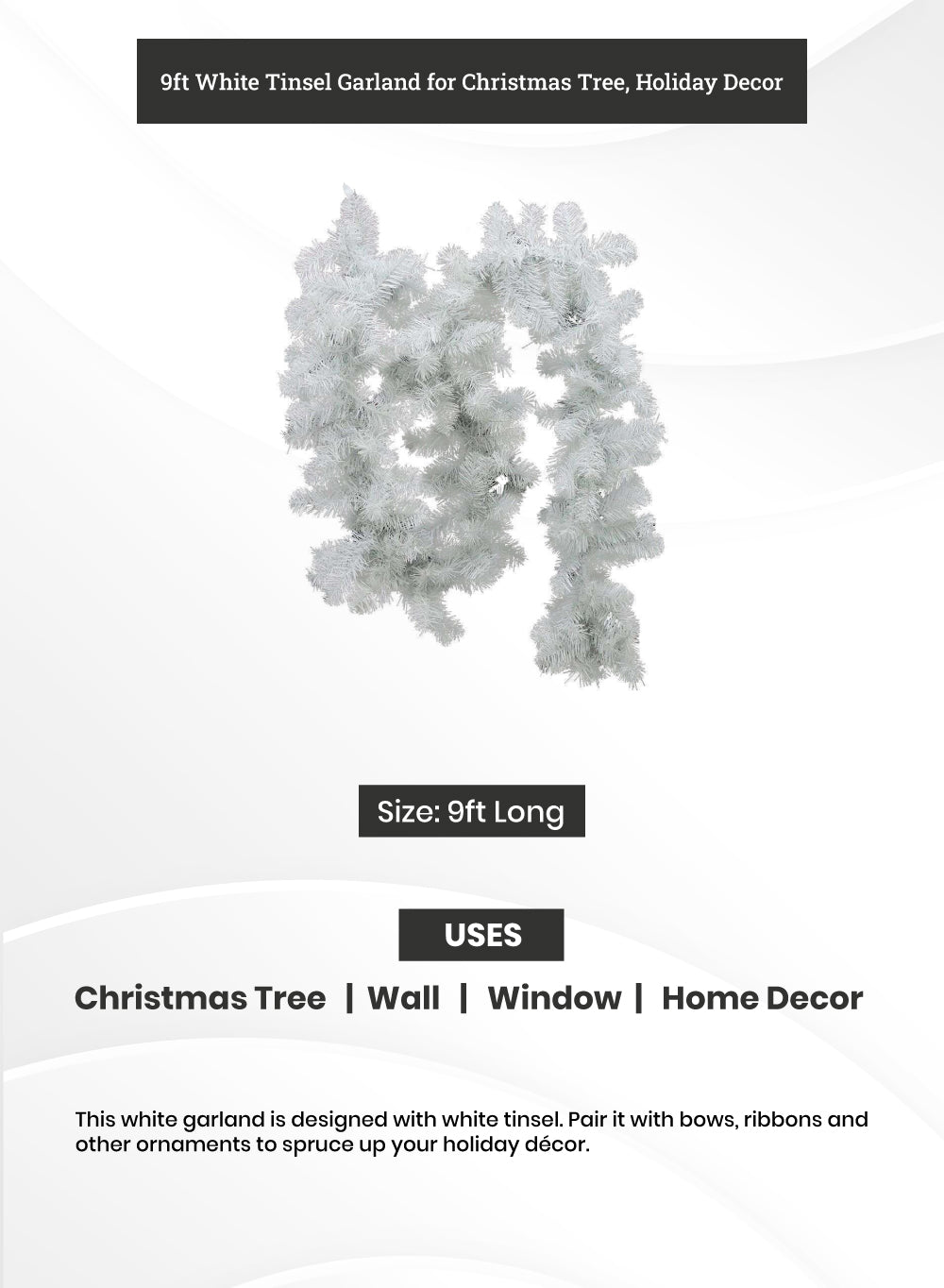 9ft White Tinsel Garland