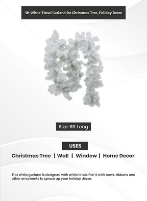 Serene Spaces Living 9ft White Tinsel Garland for Christmas Tree, Holiday Decor