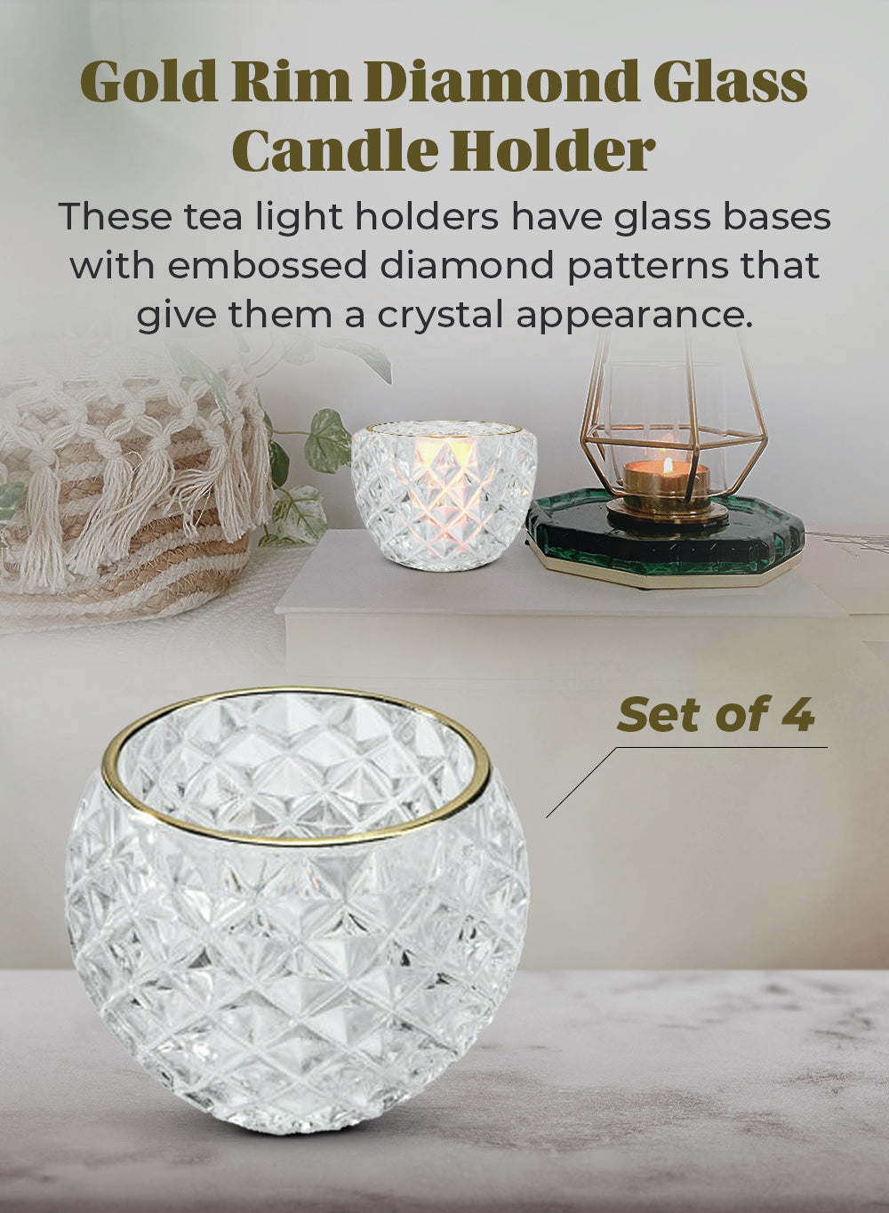 Gold Rim Diamond Glass Candle Holder, In 2 Set of 4 & 48