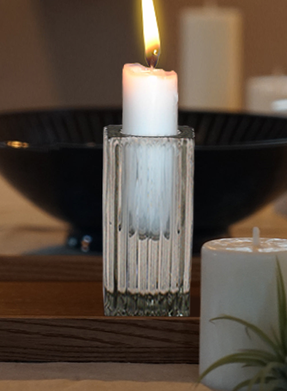 Set of 6 Ribbed Glass Taper Candle Holders, 1.5" Square & 3" Tall - In 2 Colors