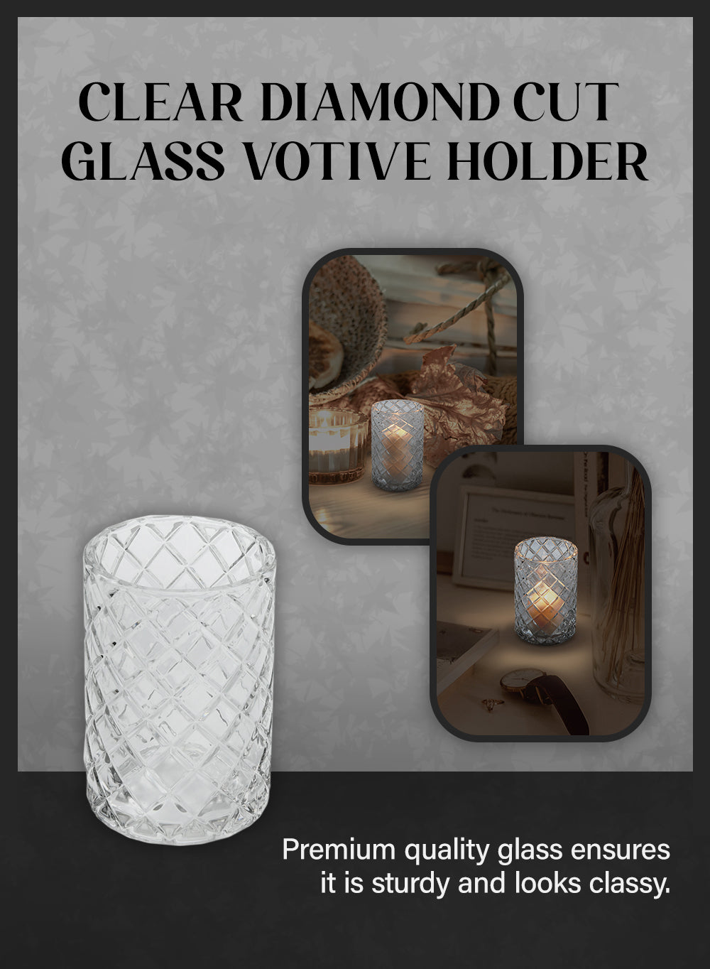 Clear Diamond Cut Glass Votive Holder, 3.25" Dia & 4.75" Tall, Set of 4 & 36