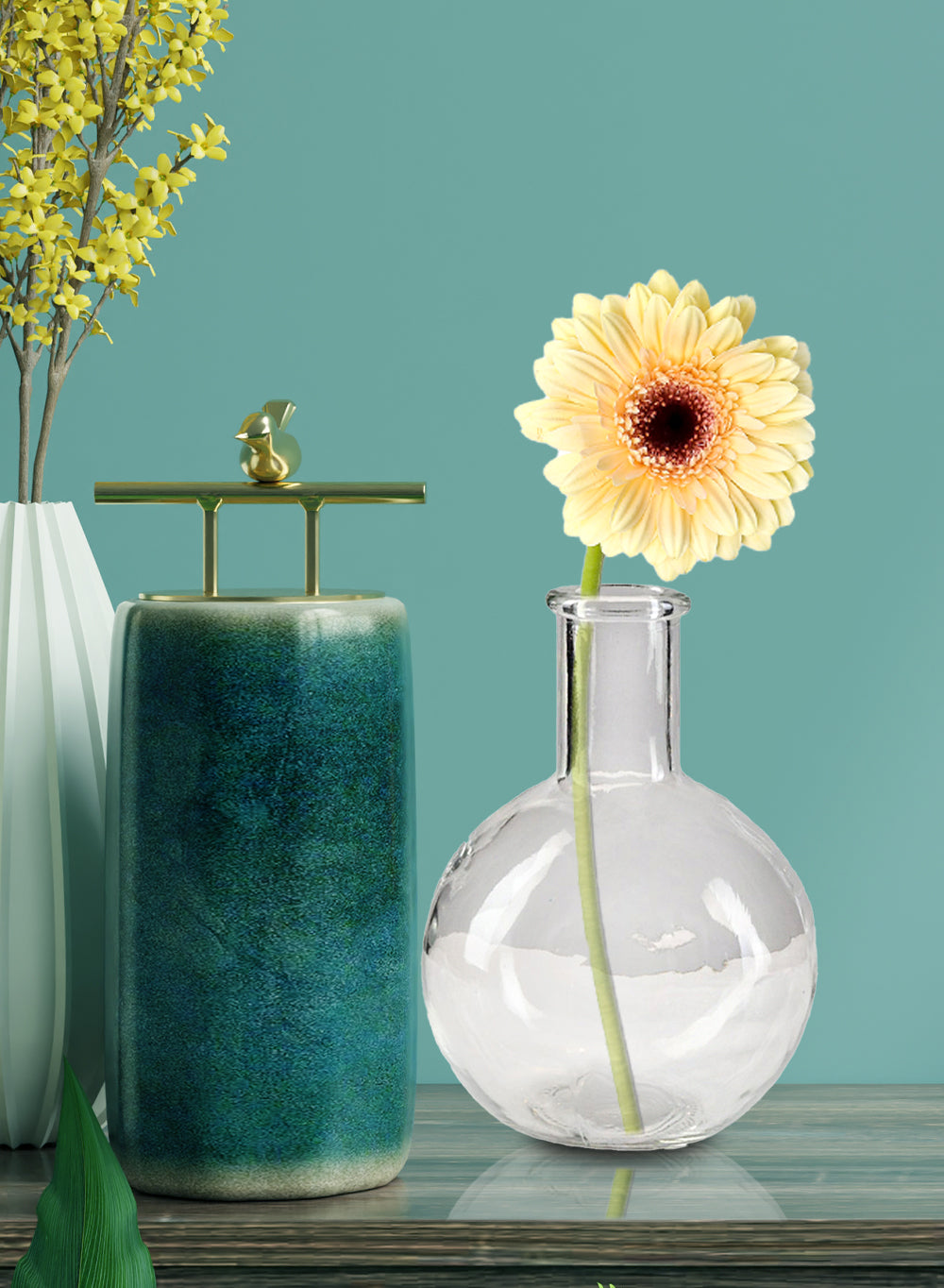 Serene Spaces Living Set of 2 and 16 Bottleneck Bulb Glass Vase, 5.3" D & 7.48" T, in 2 Colors