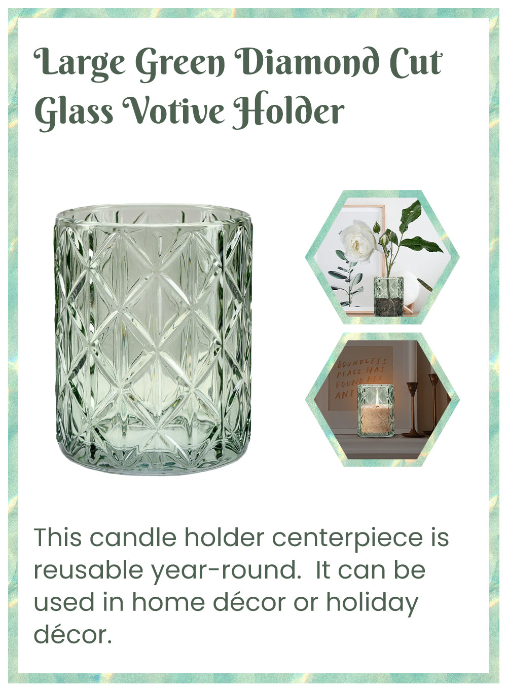 Green Diamond Cut Glass Votive Holder, In 2 Sizes