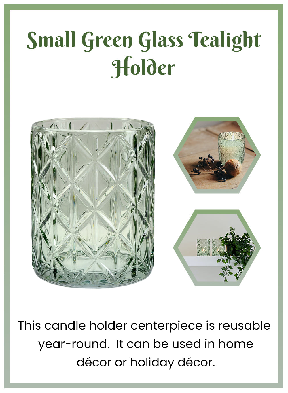 Green Diamond Cut Glass Votive Holder, In 2 Sizes