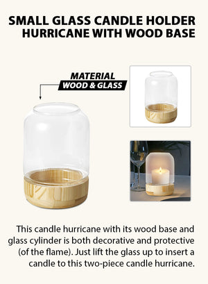 Serene Spaces Living Glass Candle Holder Hurricane with Wood Base, 2 Size Option