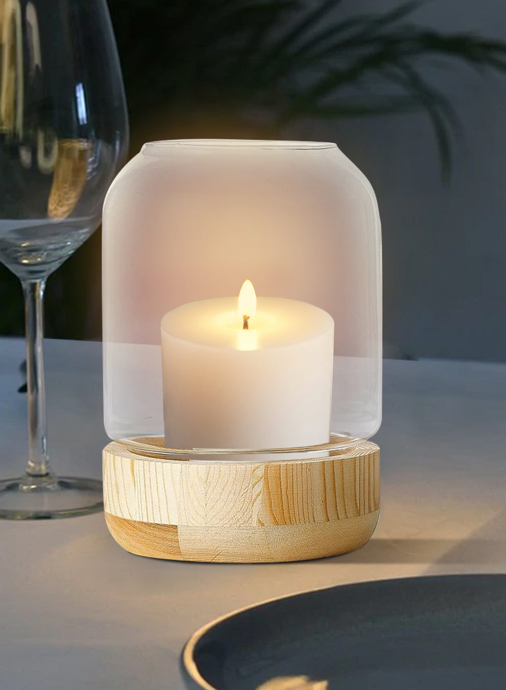 Serene Spaces Living Glass Candle Holder Hurricane with Wood Base, 2 Size Option