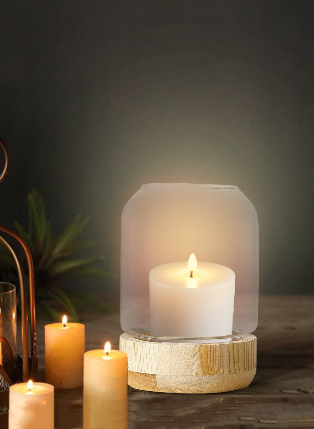 Serene Spaces Living Glass Candle Holder Hurricane with Wood Base, 2 Size Option