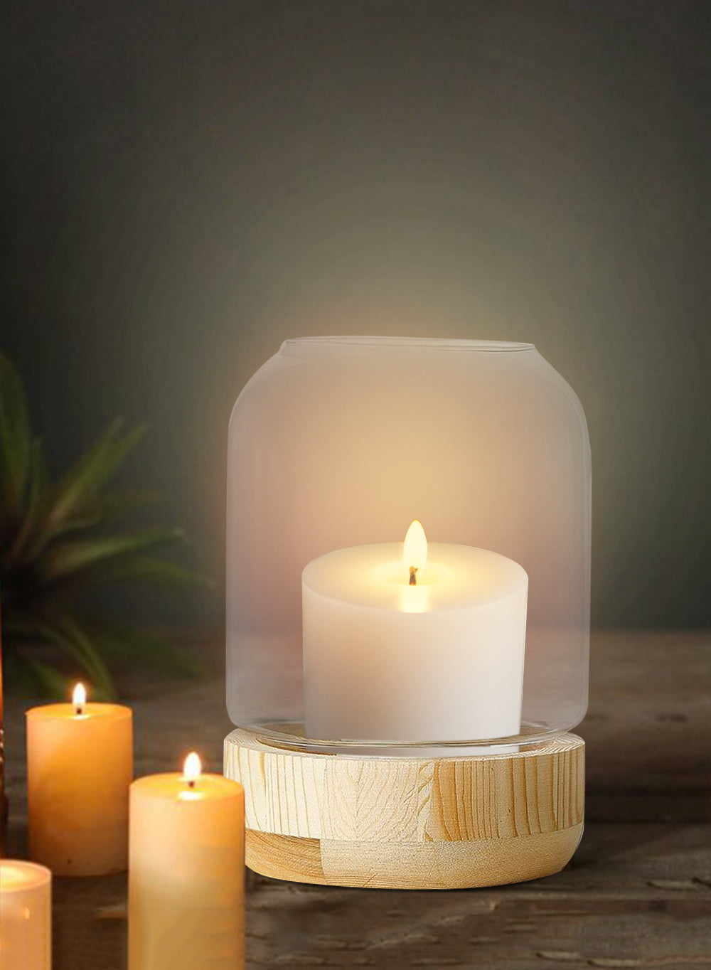 Serene Spaces Living Glass Candle Holder Hurricane with Wood Base, 2 Size Option