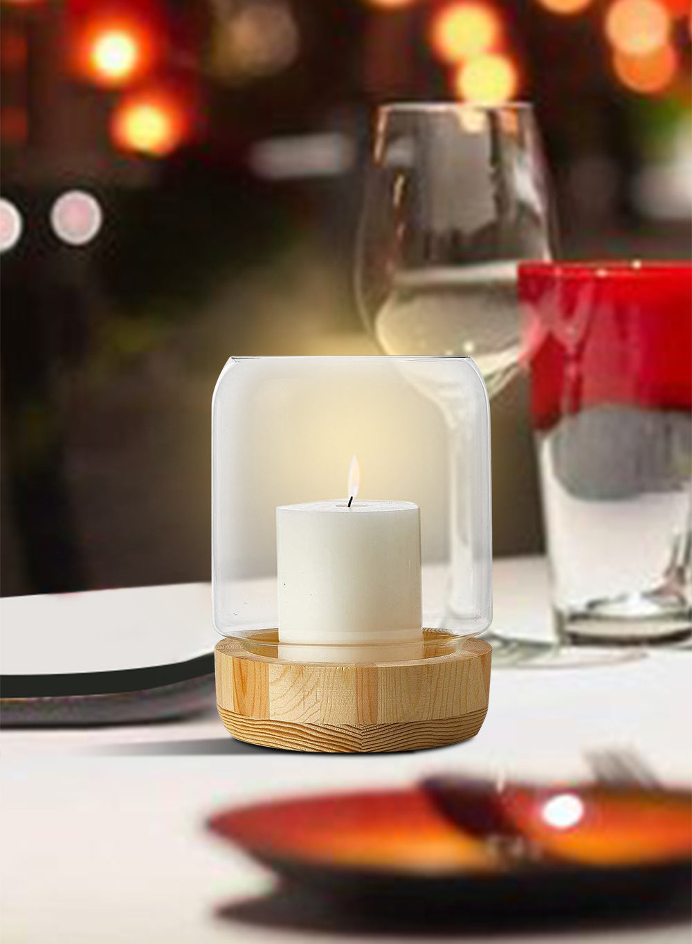 Serene Spaces Living Glass Candle Holder Hurricane with Wood Base, 2 Size Option