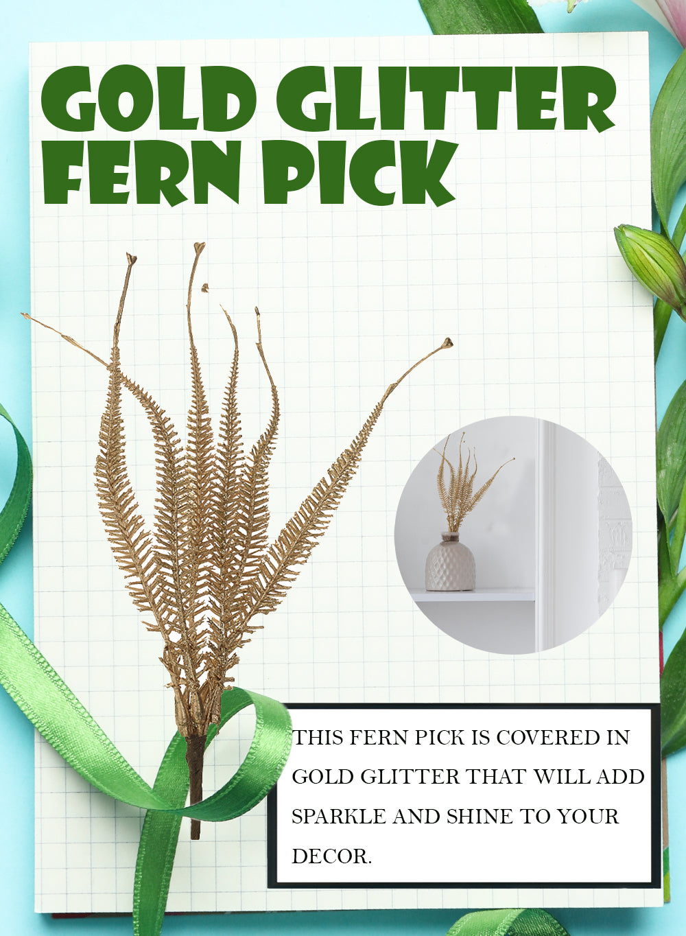 10" Gold Fern Picks for Bouquets & Crafts, Set of 12