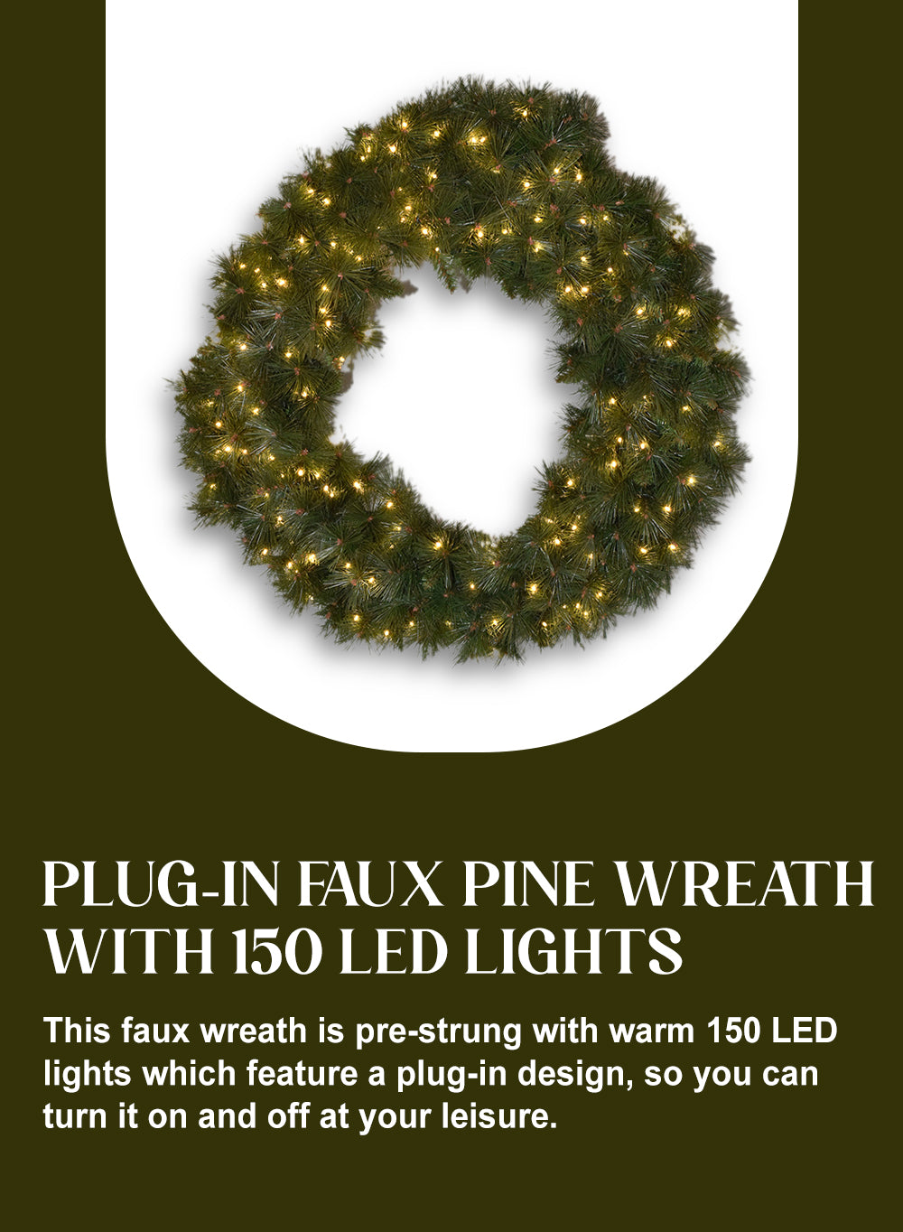 Plug-In Faux Pine Wreath with 150 LED Lights, 36" Diameter & 7" High