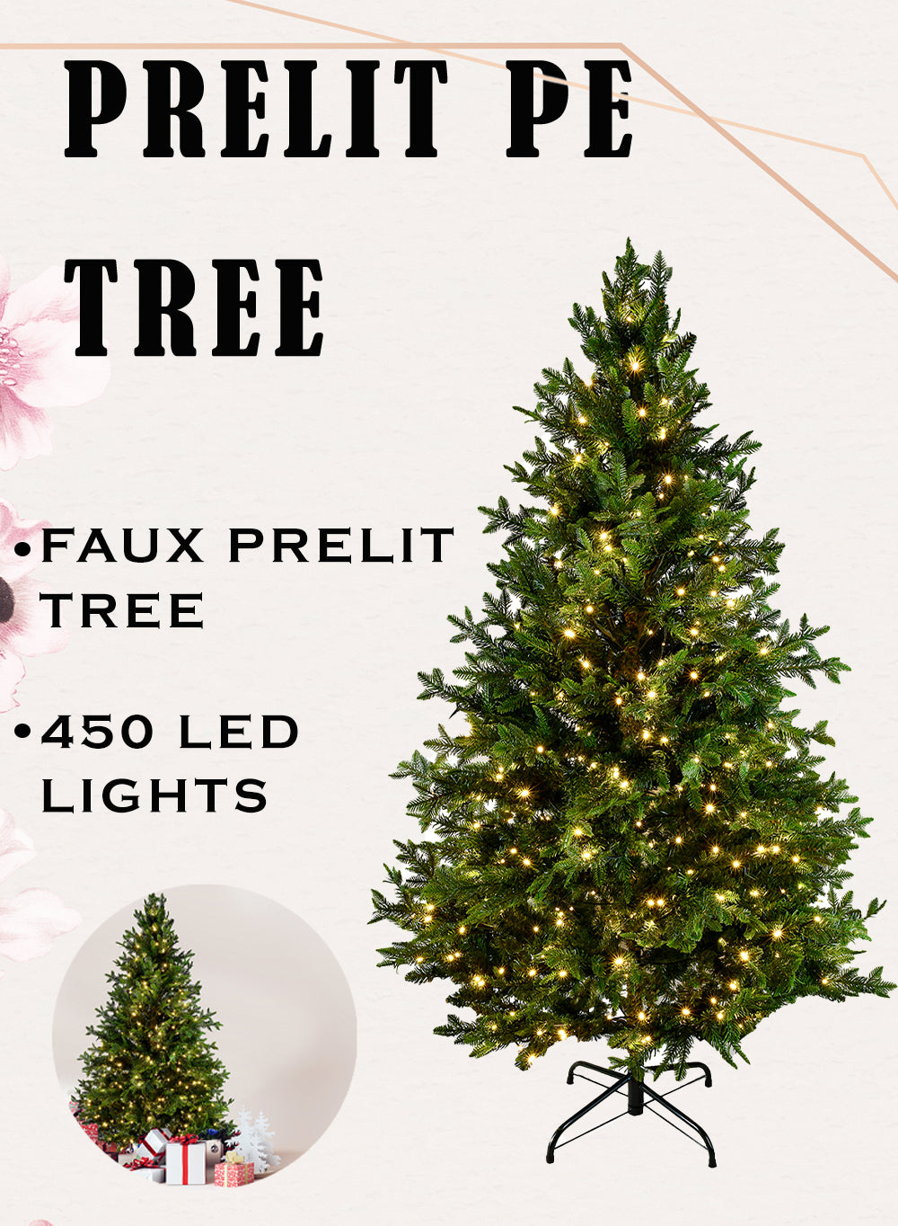 Prelit Faux Pine Tree with 450 LED Lights, 36" Diameter & 60" Tall