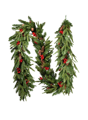 9ft Faux Pine Garland with Red Berries & Mini Pinecones
