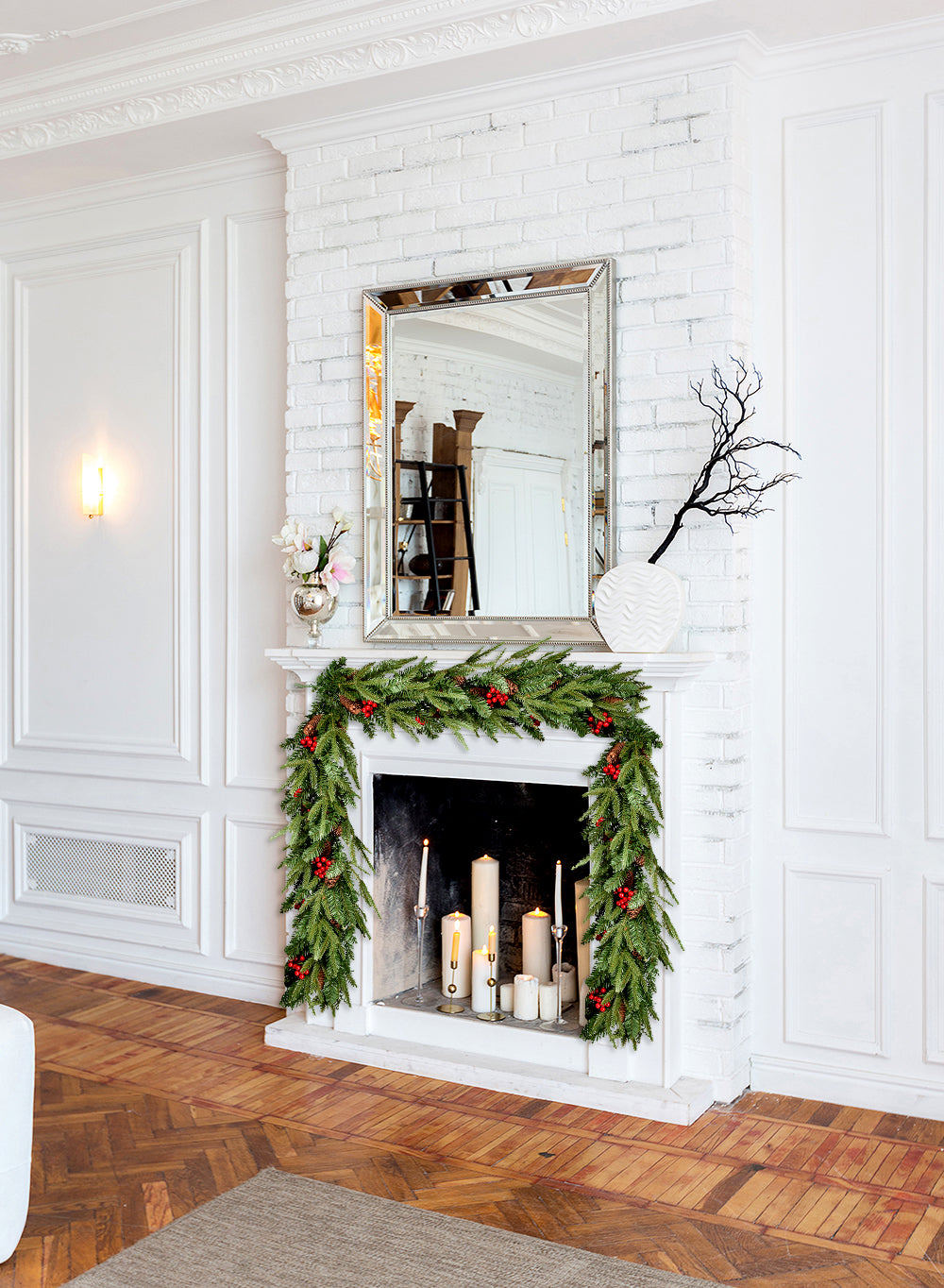 9ft Faux Pine Garland with Red Berries & Mini Pinecones