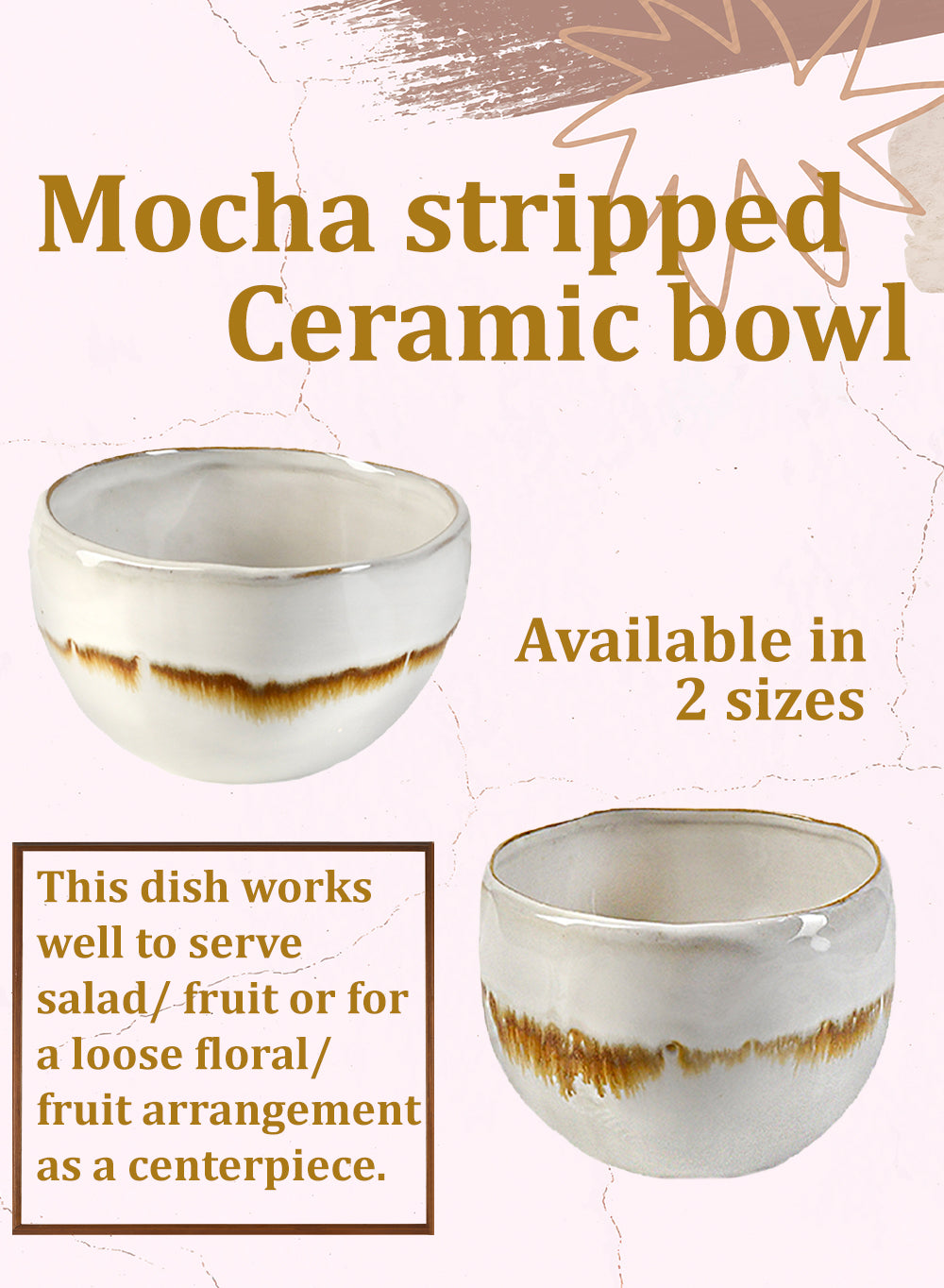 Mocha Striped White Ceramic Bowl, in Sets of 2 & 4