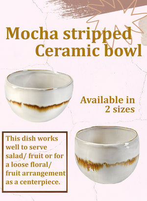 Serene Spaces Living Mocha Striped White Ceramic Bowl, in Sets of 2 & 4, 2 Sizes