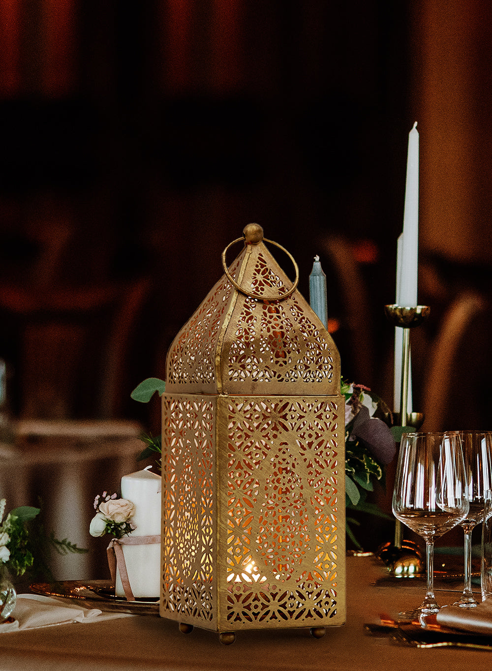 Gold Moroccan Metal Candle Lantern, in 2 Sizes and Material