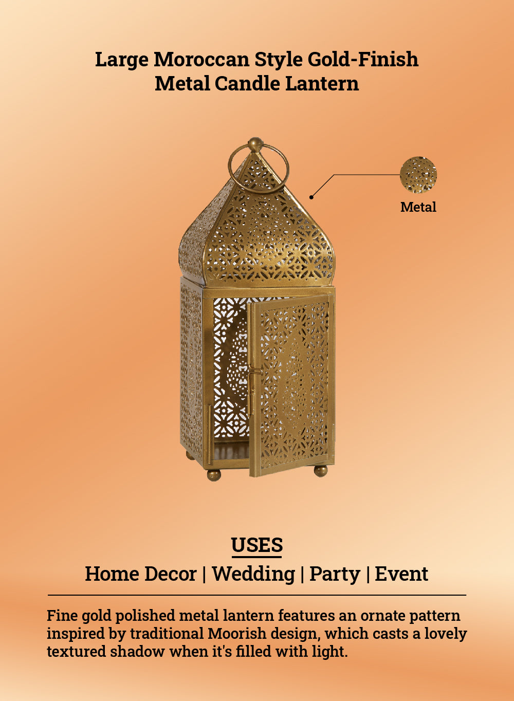 Gold Moroccan Metal Candle Lantern, in 2 Sizes and Material