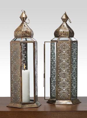 Antique Bronze Moroccan Lantern, 5.75" Square & 16" Tall - Set of 2