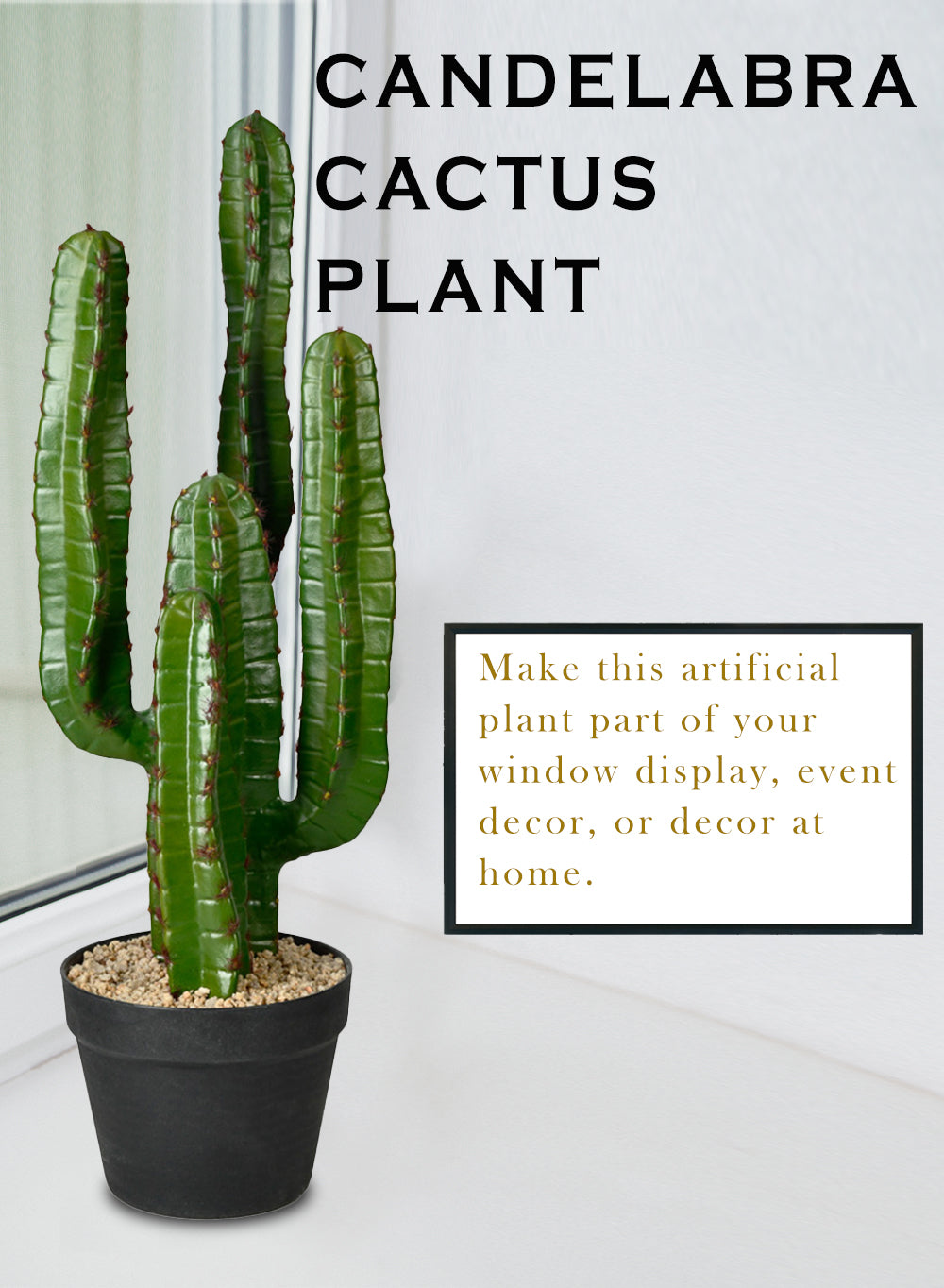 Faux Candelabra Cactus in Black Pot, 8" Diameter & 26" Tall