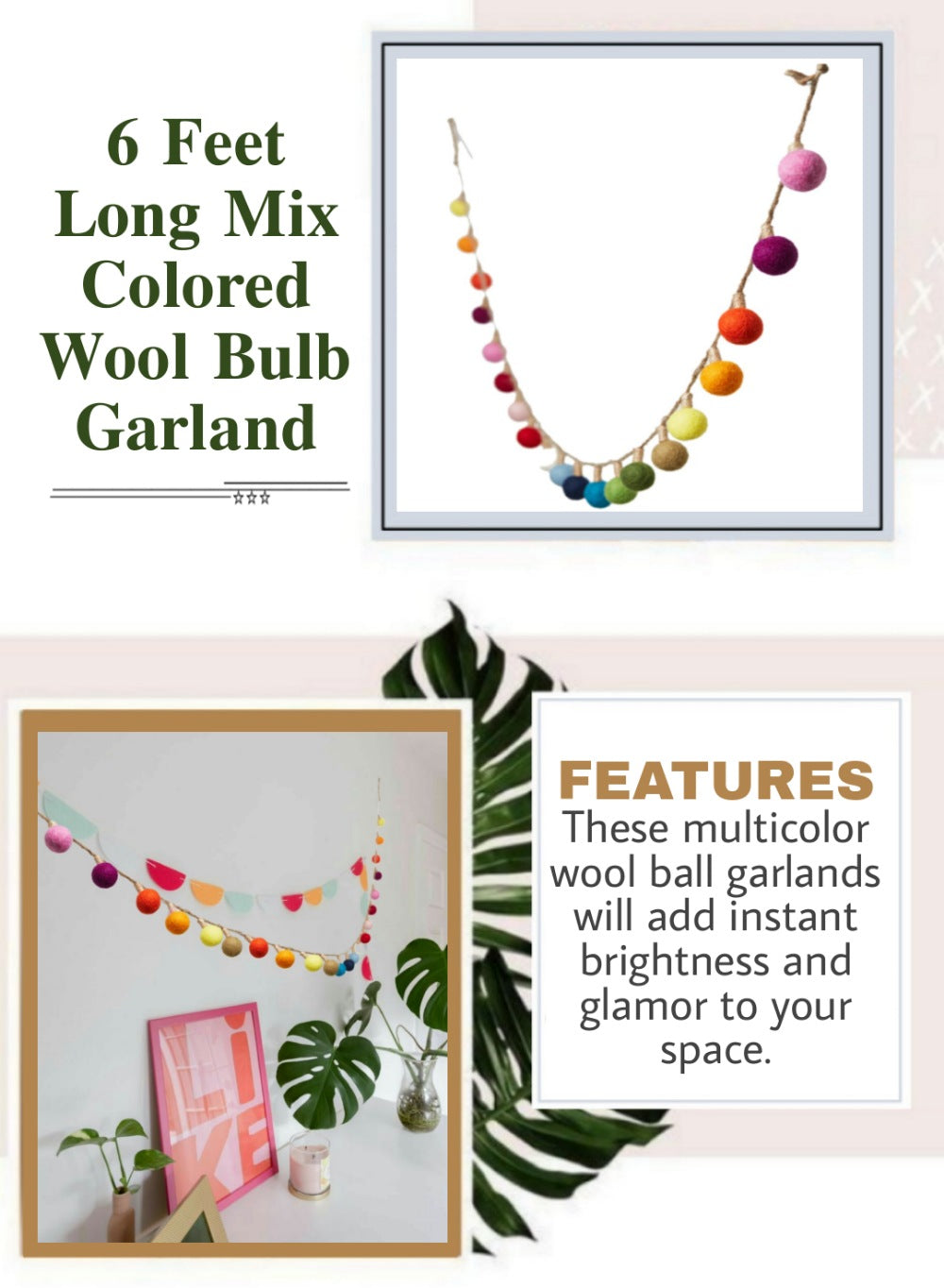 72" Multicolor Wool Pom Pom Garland