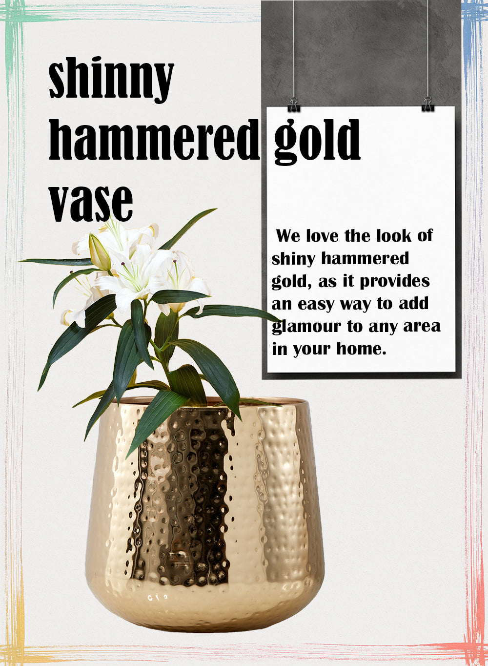 Shiny Hammered Gold Pot Vase, In 2 Sizes