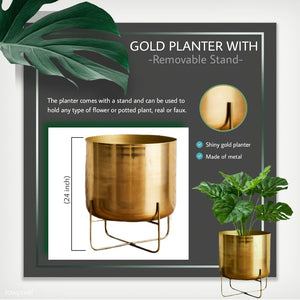 Serene Spaces Living Short Gold Planter with Detachable Metal Stand, Decorative Indoor Planter Pot, Flower Pots Stand for Living Room, Kitchen, Office
