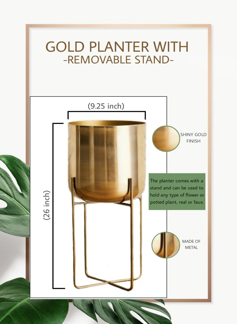 Gold Planter with Detachable Metal Stand, in 4 Sizes